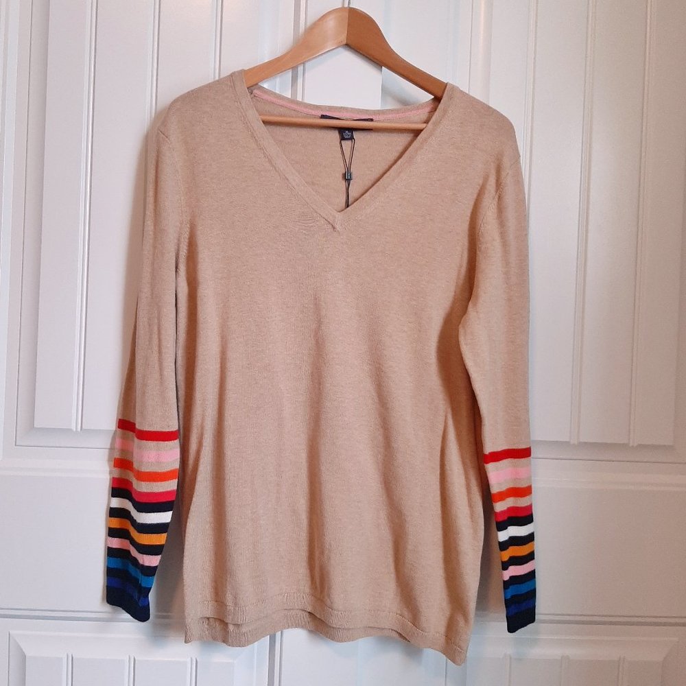 Tommy Hilfiger Tan V Neck Rainbow Sleeve Sweater NWT XL